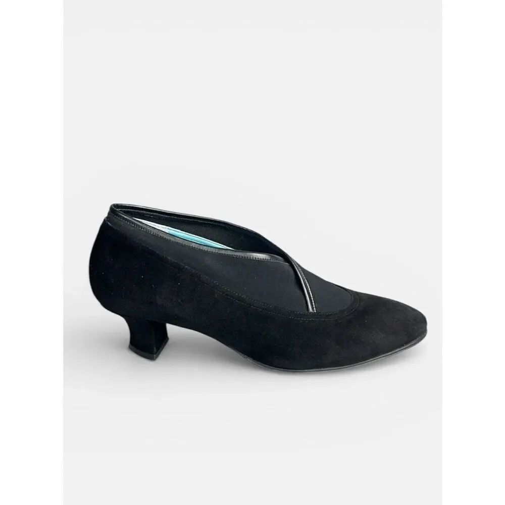 THIERRY RABOTIN Italy Black Suede Stretch Crossed Details Leather Pumps US 9,5